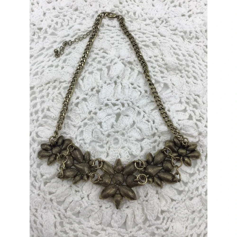 VTG Brass Floral Chunky Bib Statement Rhinestone Bold Boho Whimsical Curb Chain
